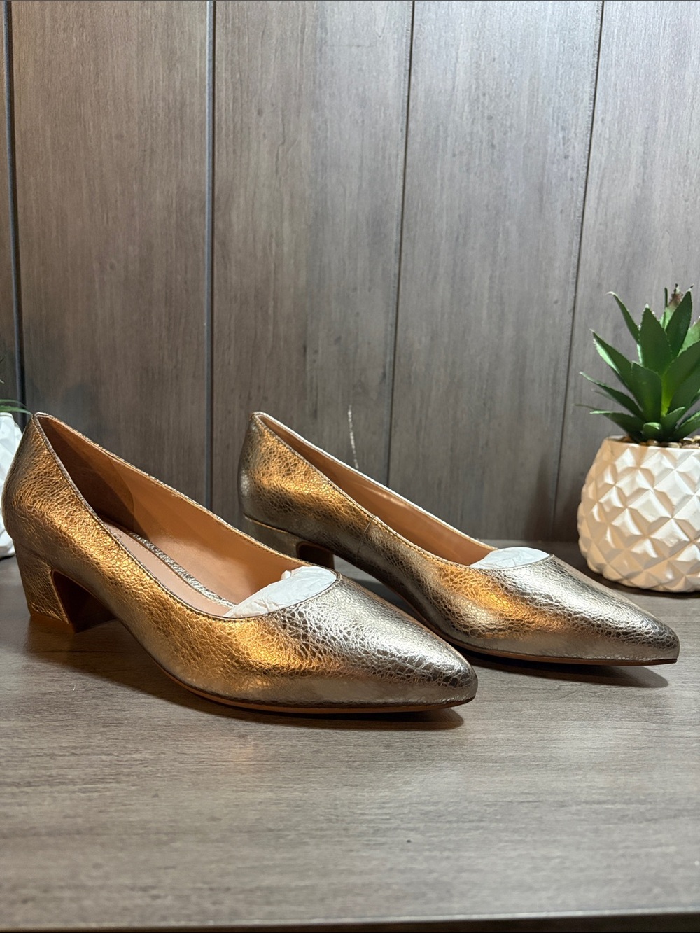 Paolo Metallic Gold Low Block Heel Pumps